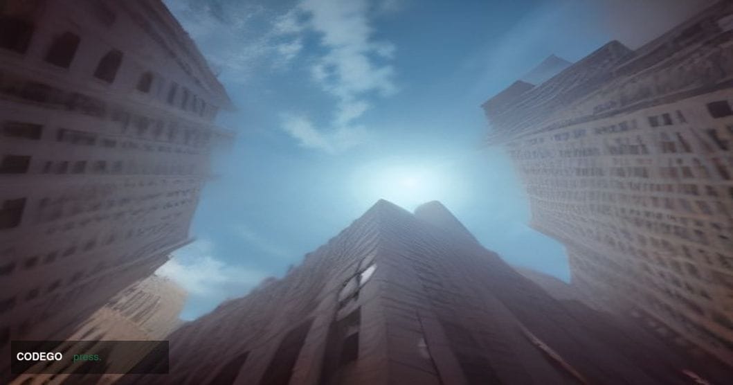A dramatic cinematic editorial photograph of the New York Department of Financial Services building facade in lower Manhattan