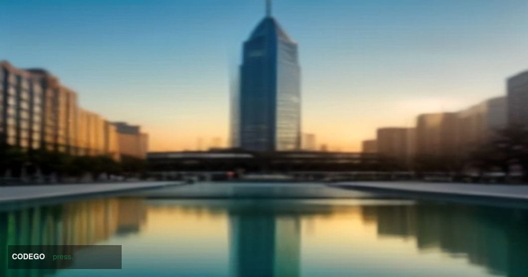A cinematic editorial photograph of a massive, modernist glass-and-steel financial tower shot from a low angle at golden hour