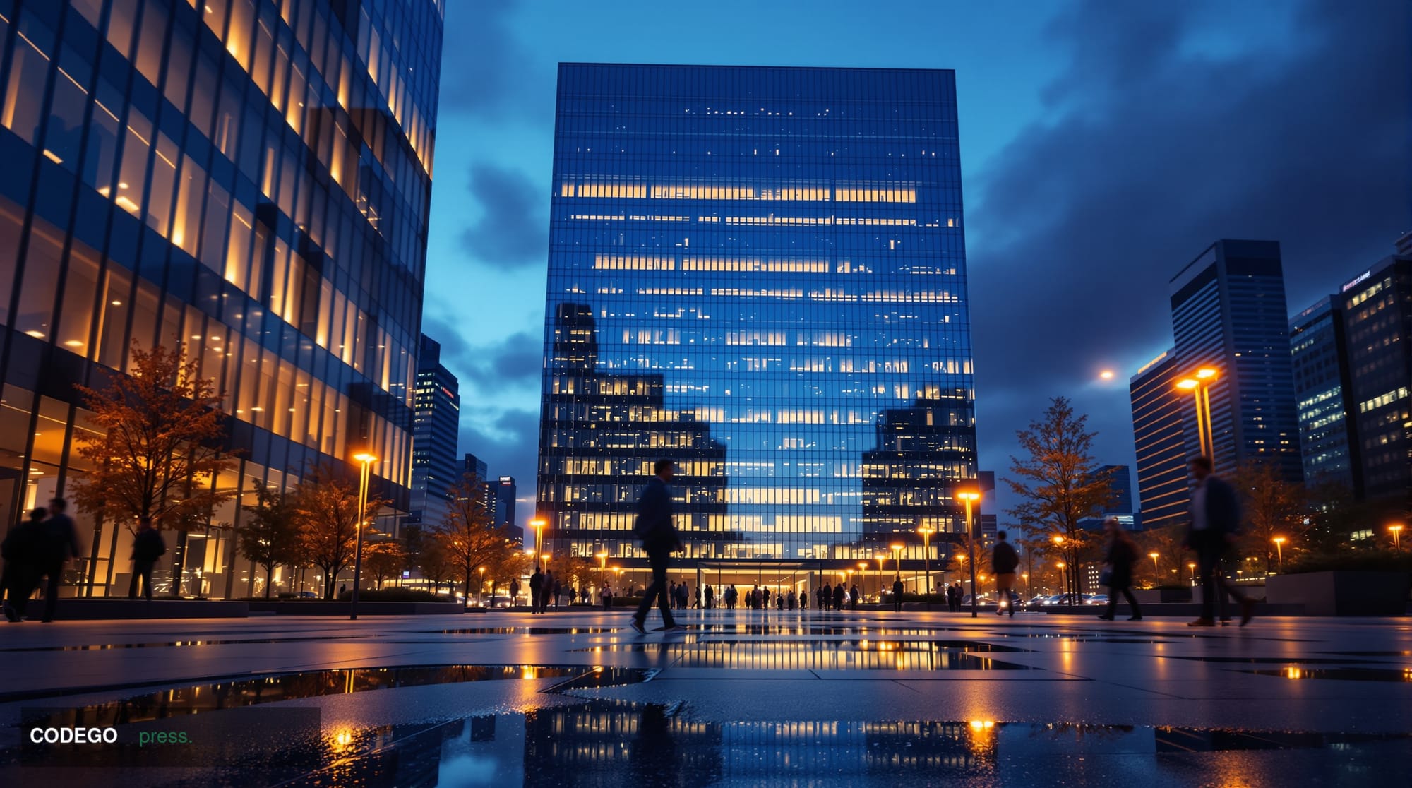 A dramatic cinematic editorial photograph of a sleek, modern glass-and-steel corporate banking campus exterior at dusk, inspi