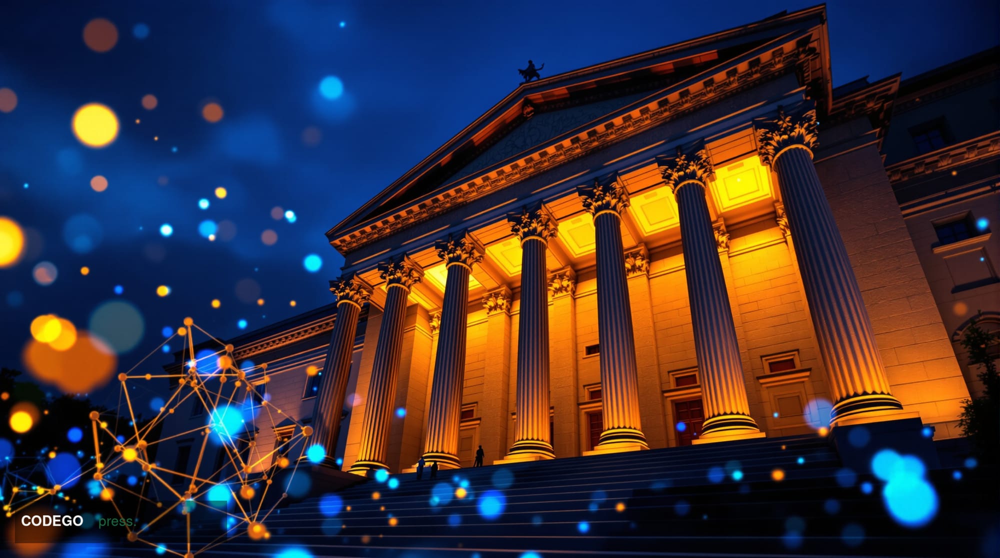 A grand neoclassical banking institution facade photographed at dusk from a low-angle wide shot, its towering stone columns b
