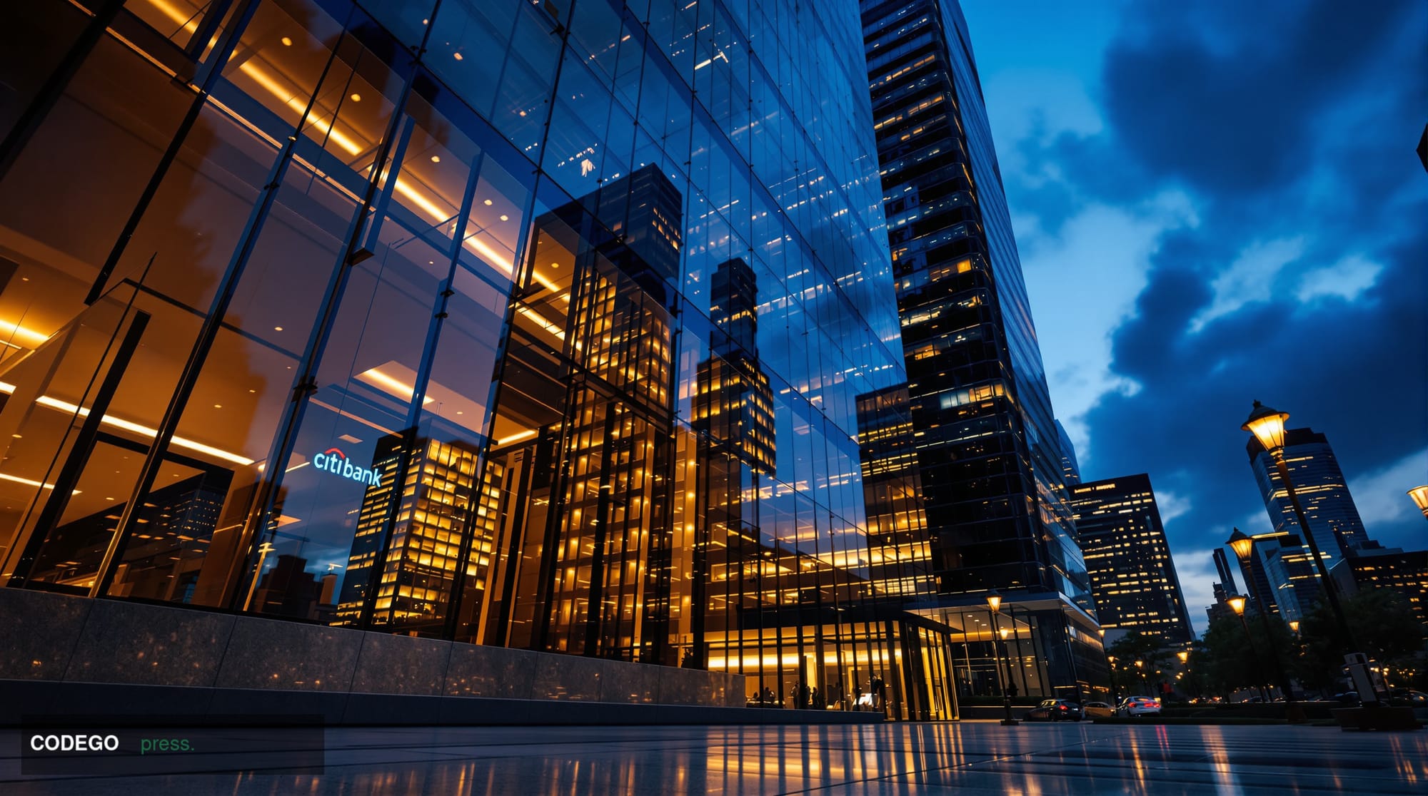A sweeping low-angle exterior shot of Citi's iconic Manhattan headquarters tower at dusk, the glass-and-steel façade reflecti