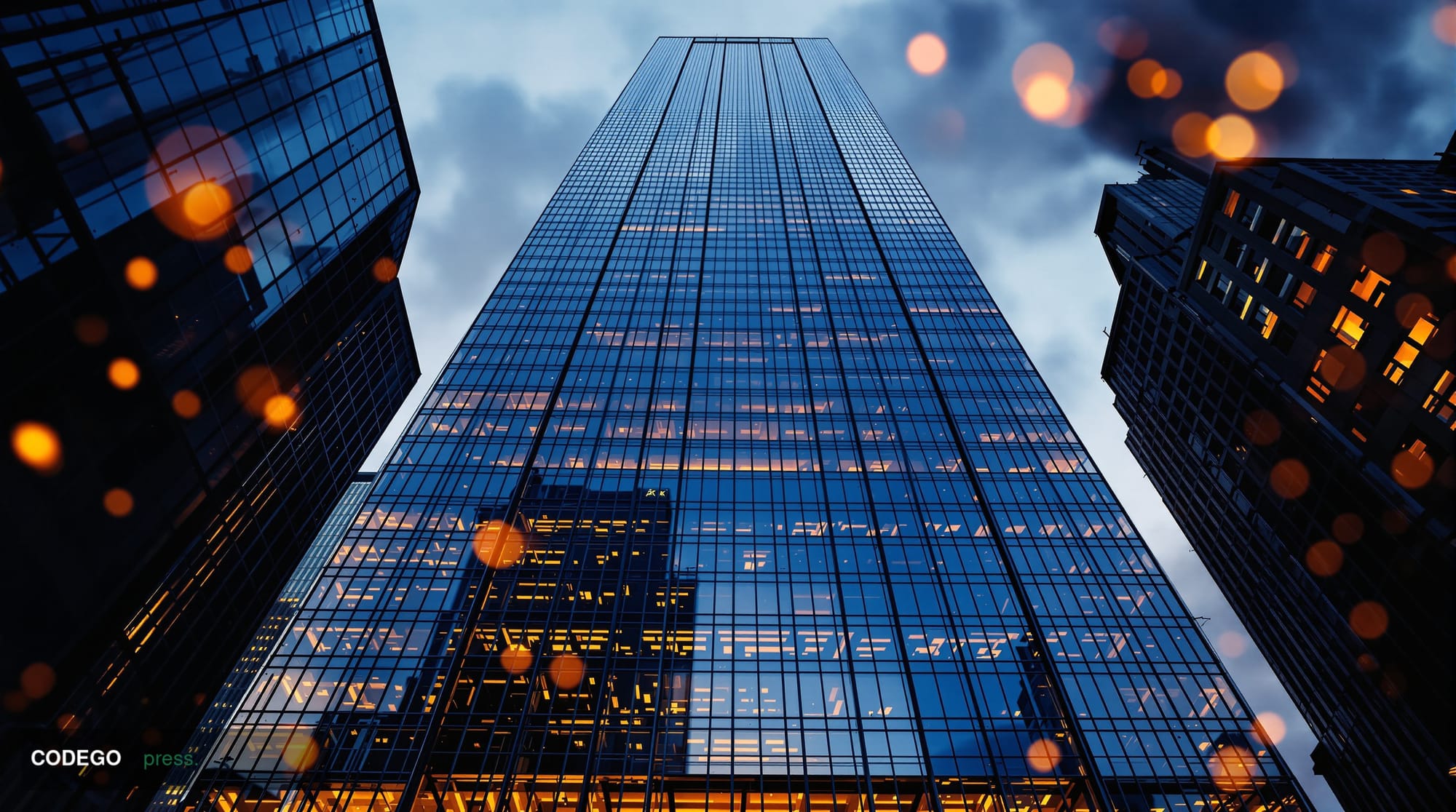 A cinematic editorial photograph centered on a towering glass-and-steel financial district skyscraper exterior in lower Manha