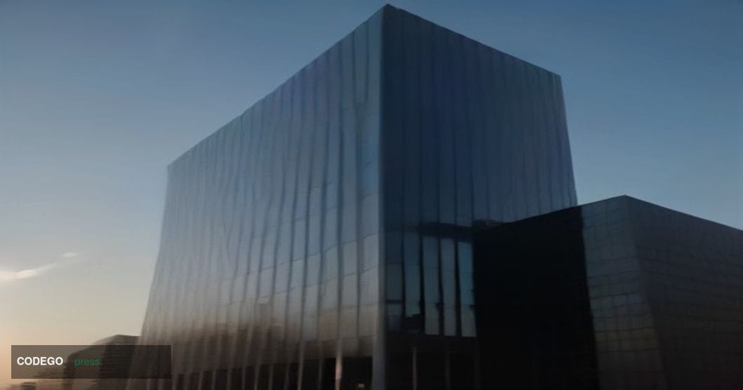 A cinematic editorial photograph of a monumental glass-and-steel bank headquarters at dawn, shot from a low angle looking upw