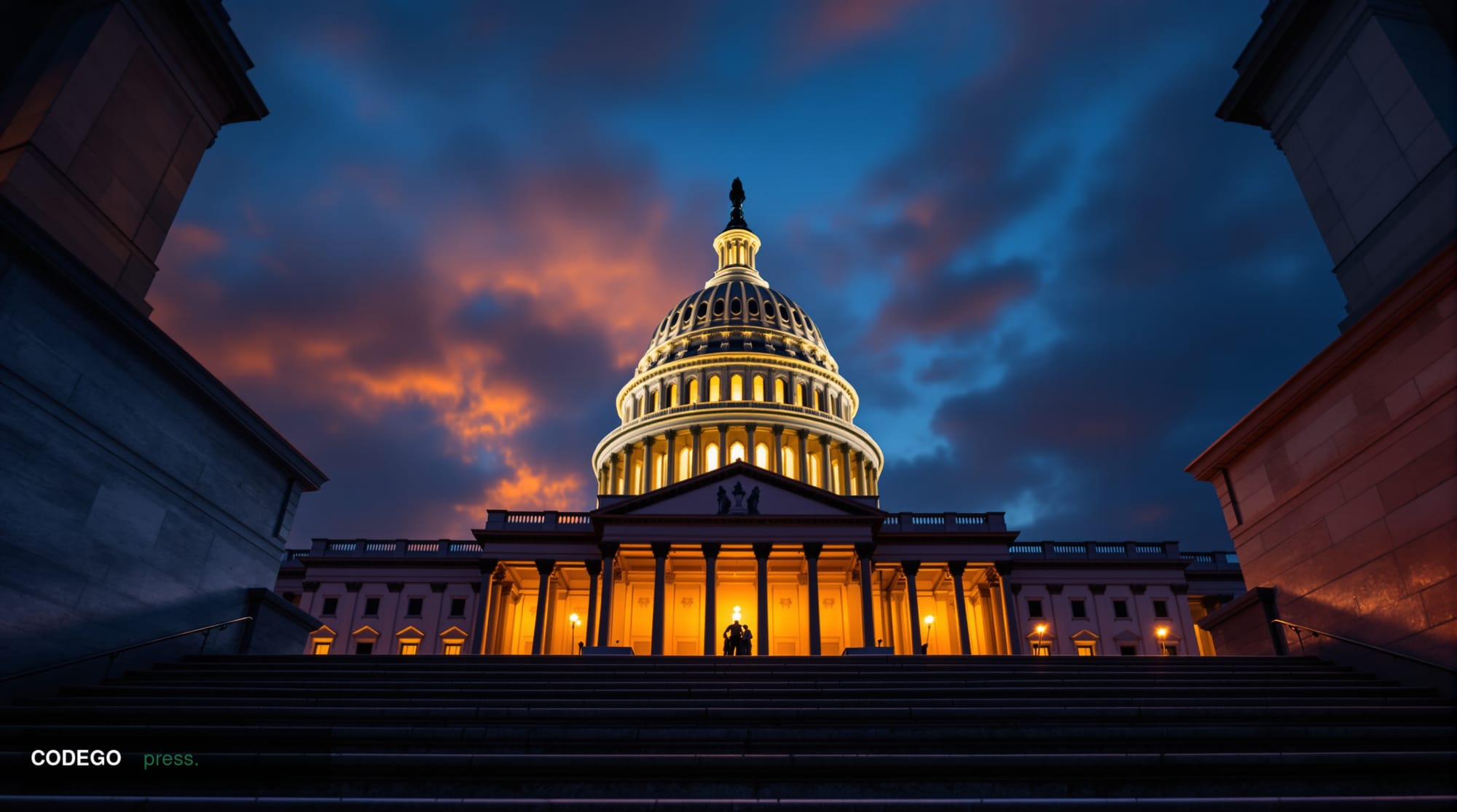 A wide-angle cinematic shot of the United States Capitol Building at dusk, photographed from the base of the steps looking up