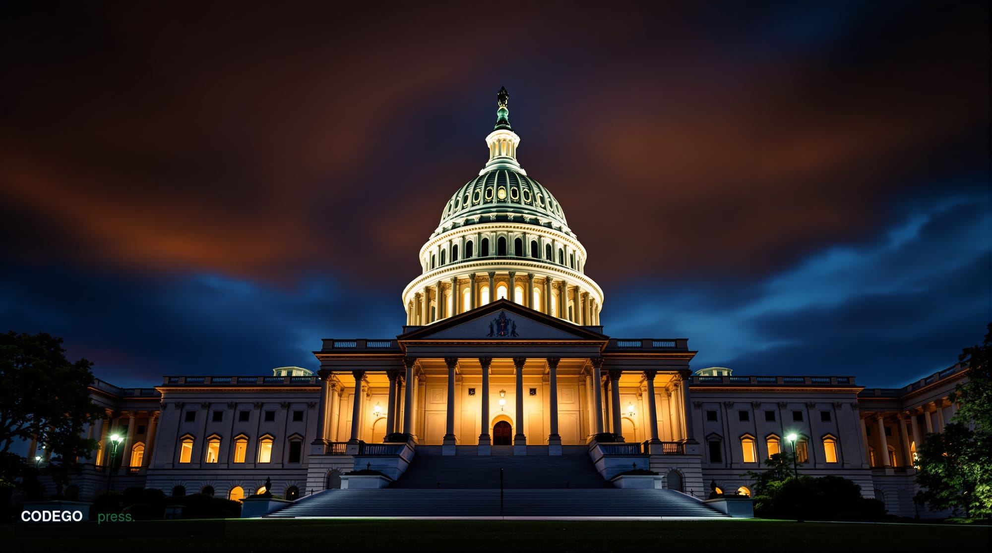 A dramatic wide-angle shot of the United States Capitol building at dusk, captured from the western lawn at a low camera angl
