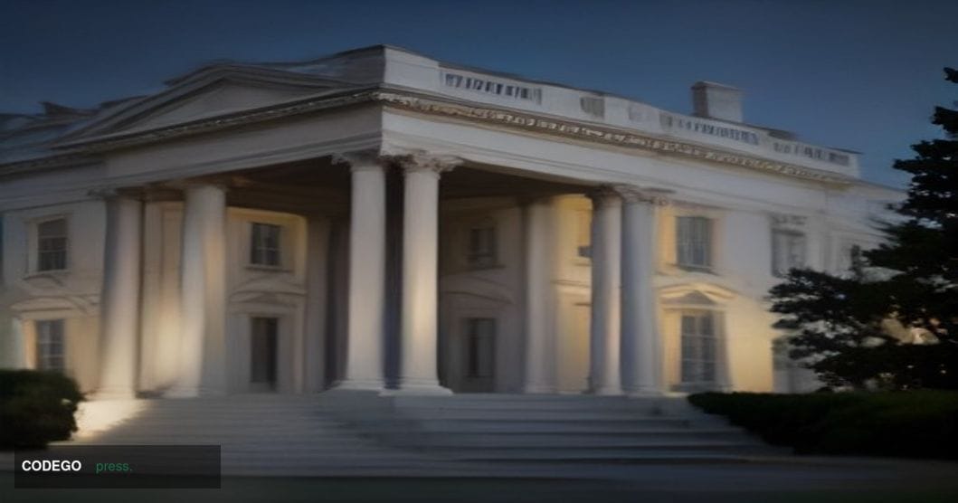 A cinematic editorial photograph of the exterior of the West Wing of the White House at dusk, shot from a low angle looking u