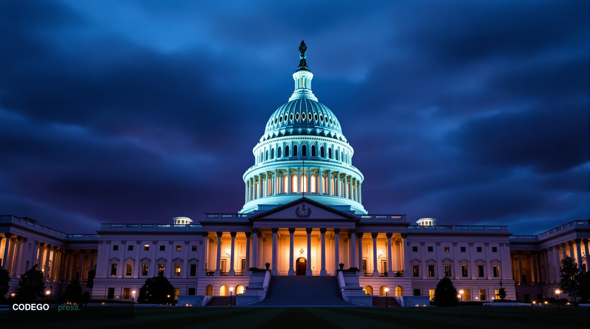A wide-angle cinematic shot looking up at the United States Capitol building's neoclassical dome at dusk, the white marble fa
