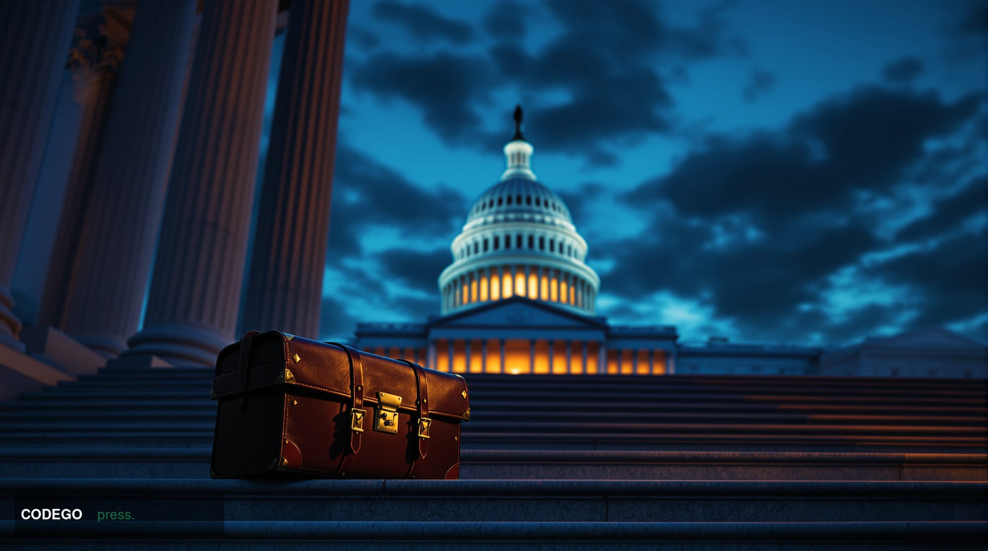 A wide-angle, cinematic editorial photograph of the United States Capitol building in Washington D.C. at late dusk, shot from