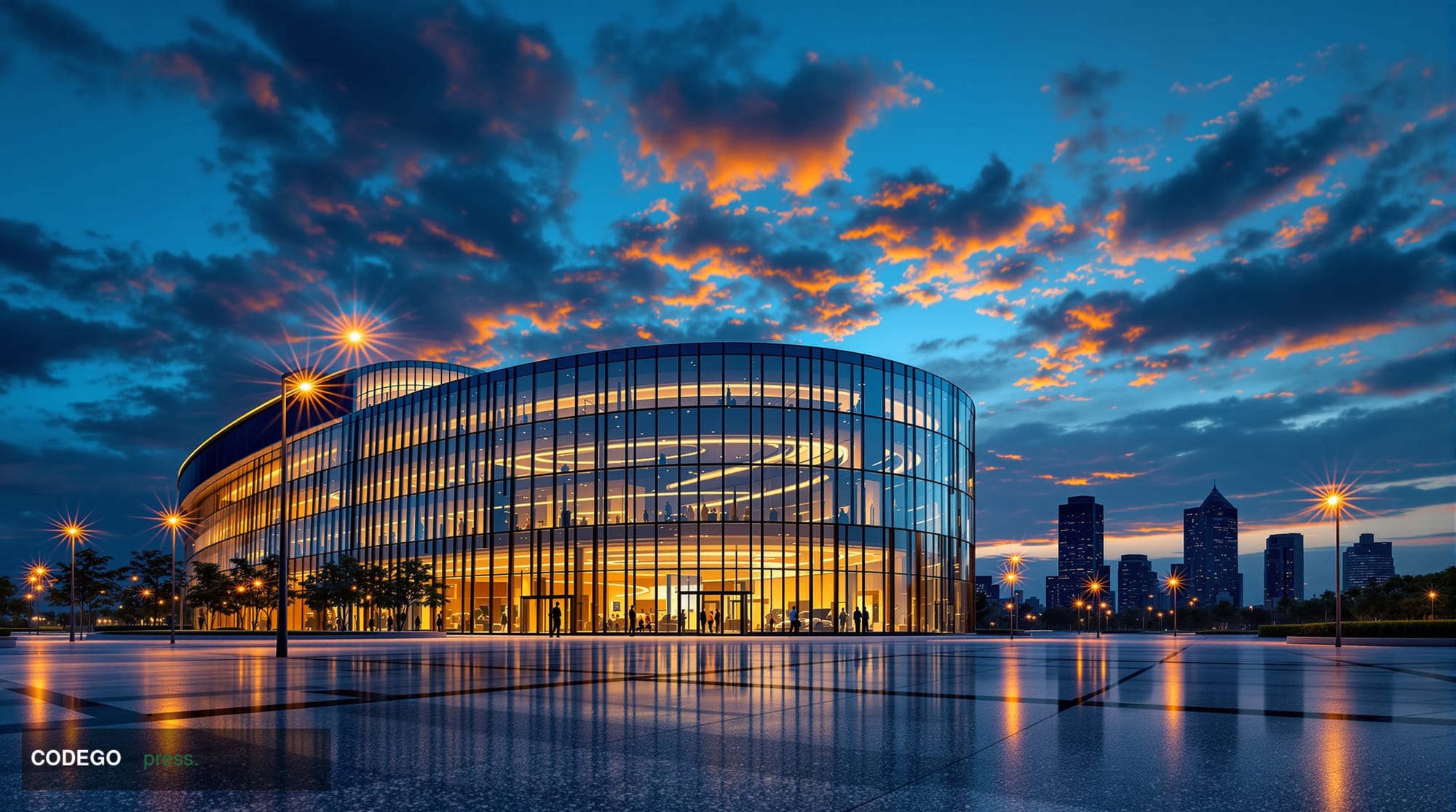 A photorealistic editorial photograph of a sleek, modern glass-and-steel corporate office campus at dusk, representing a Muni