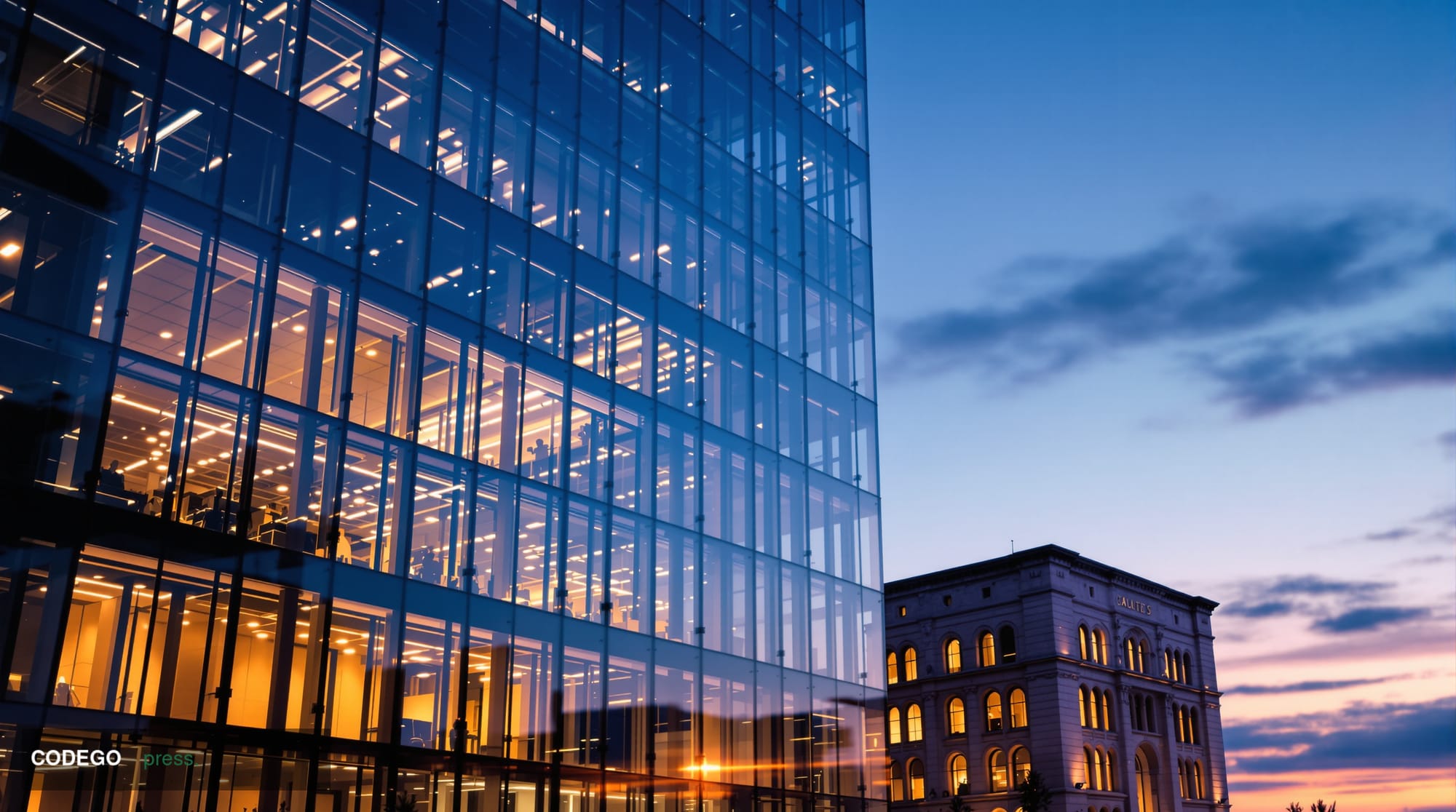 A cinematic editorial photograph of a sleek, modern glass-and-steel corporate campus at dusk, representing a Munich-based fin