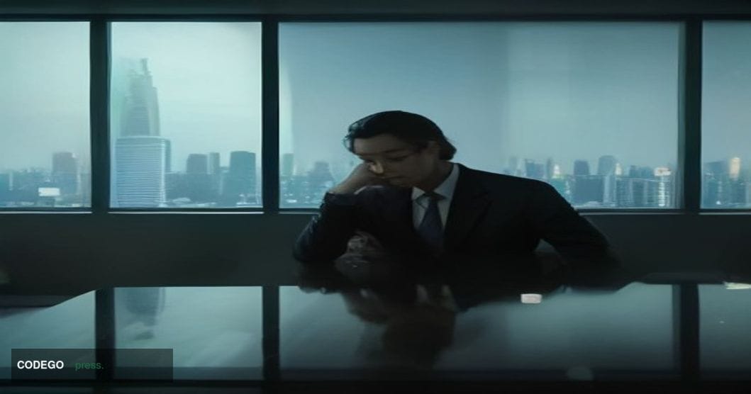 A cinematic editorial photograph set in Bangkok, Thailand, with the iconic Chao Phraya riverfront skyline visible in the back