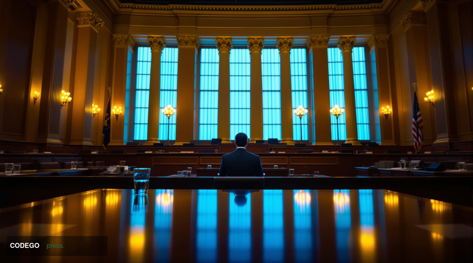 A wide-angle cinematic editorial photograph taken inside a grand federal hearing chamber in Washington D.C., with warm amber 