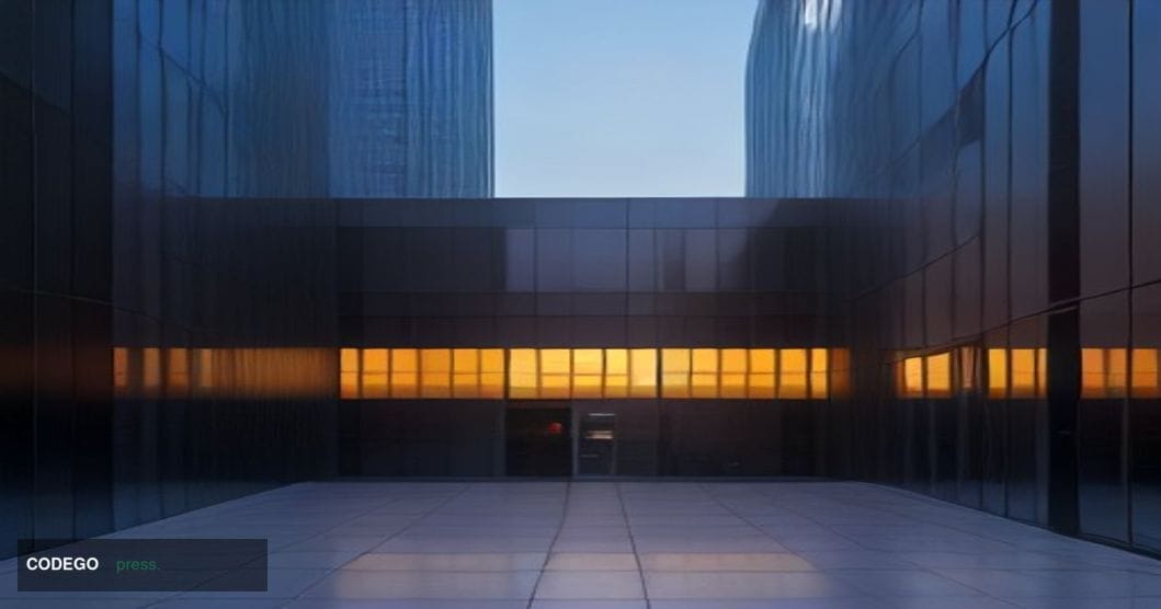 A sweeping cinematic editorial photograph of a modern European corporate technology campus at dusk, with warm amber light spi