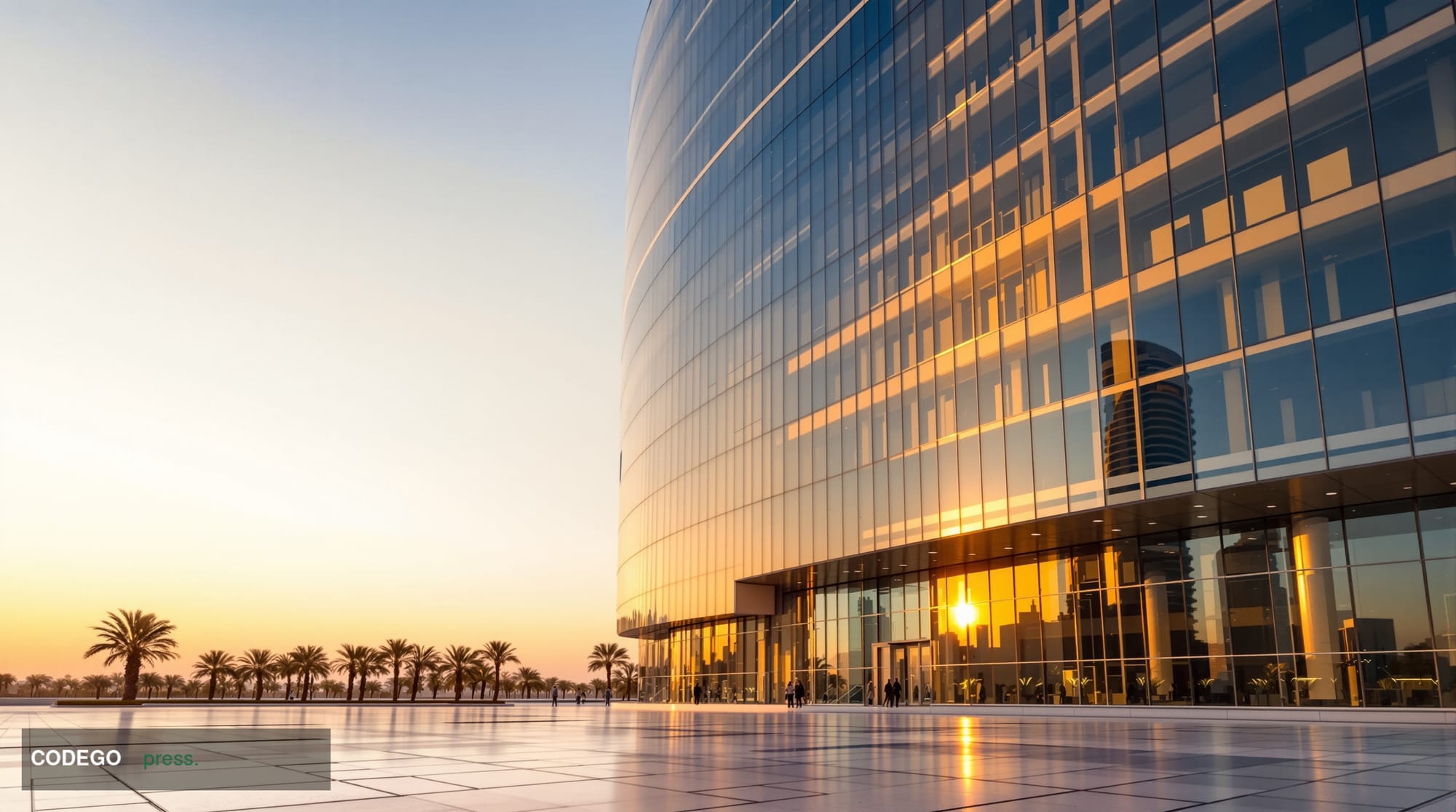 A cinematic editorial photograph of a gleaming modern glass-and-steel financial district tower in Abu Dhabi, shot from a low 