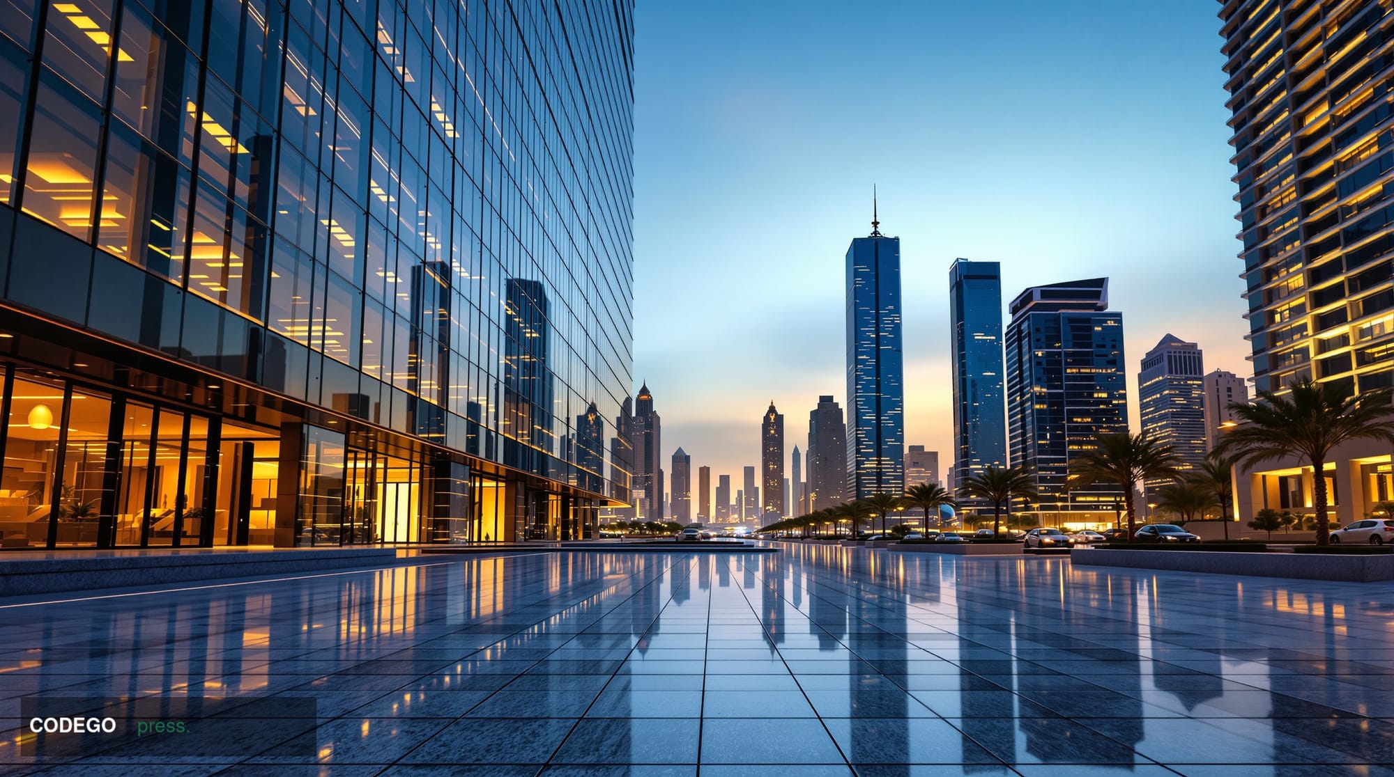 A photorealistic editorial photograph shot at ground level looking upward along a gleaming glass-and-steel tower in Dubai's f