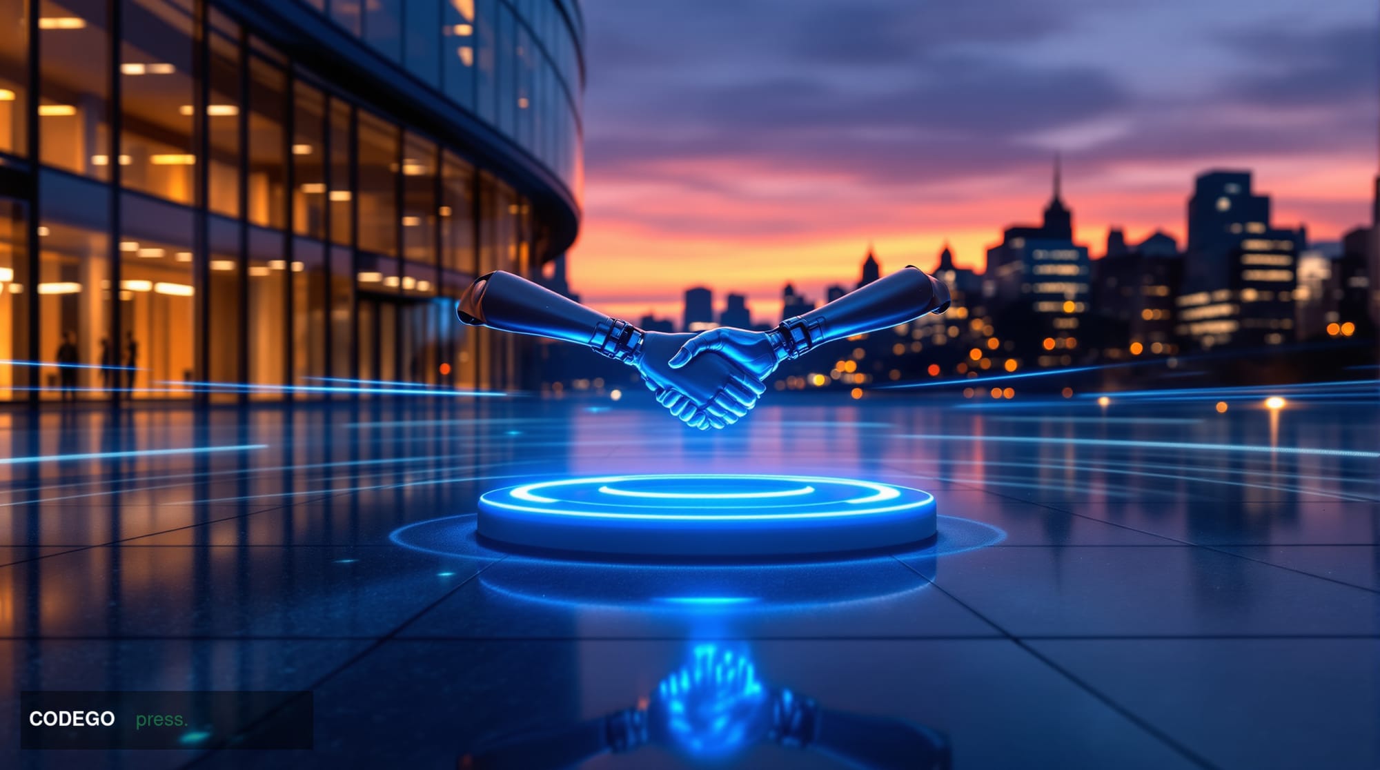 A sleek, modern corporate technology environment set in San Francisco's financial district at dusk, photographed from a low-a