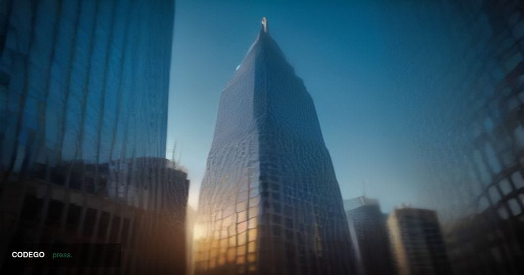 A dramatic low-angle shot of a sleek modern San Francisco financial district office tower at golden hour, representing Coinba