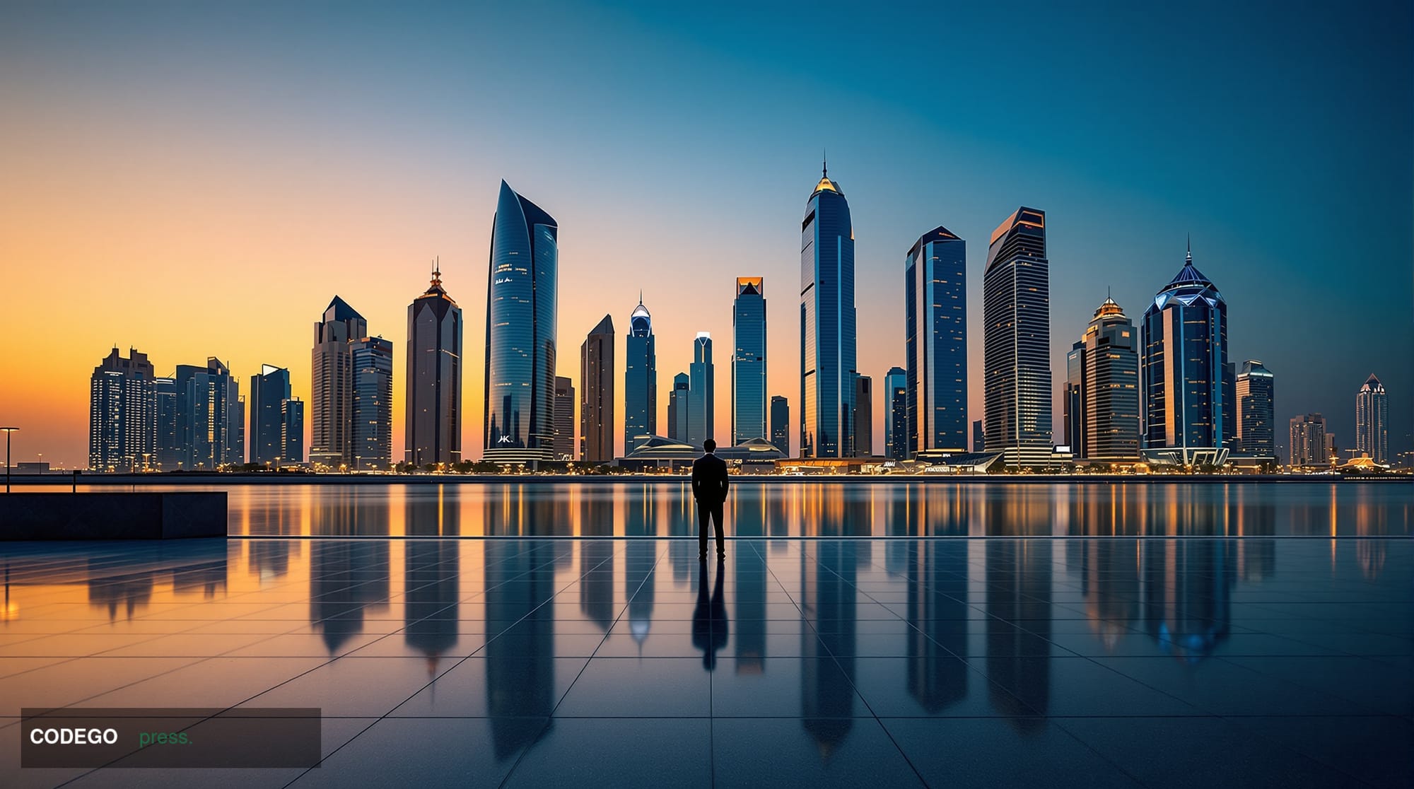 A cinematic editorial photograph of the Abu Dhabi Global Market district skyline at dusk, featuring the iconic Al Maryah Isla