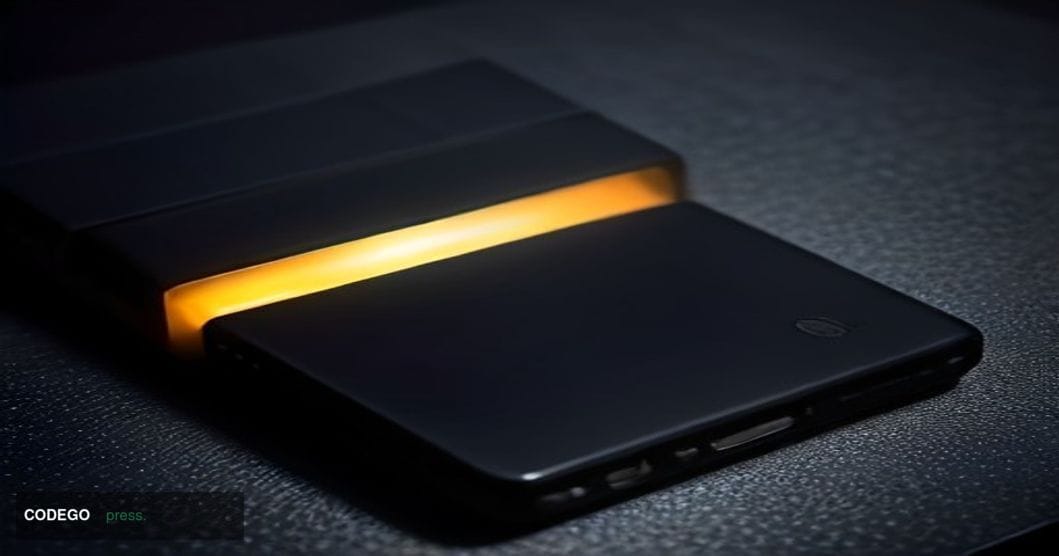 A dramatic close-up editorial photograph of a Coldcard hardware wallet device resting on a cold steel surface, partially illu