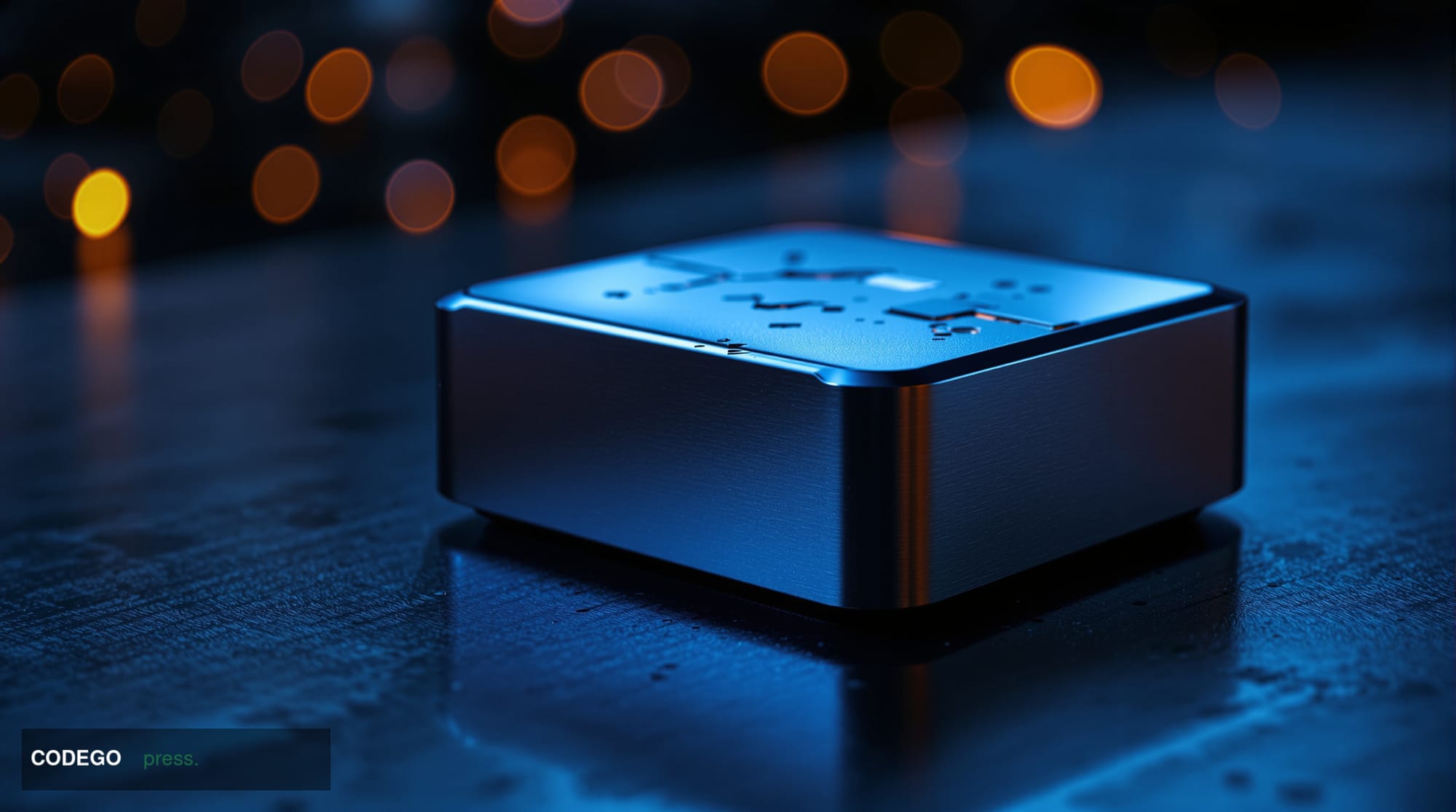 A photorealistic cinematic editorial photograph of a physical cold-storage hardware wallet device resting on a dark matte ste