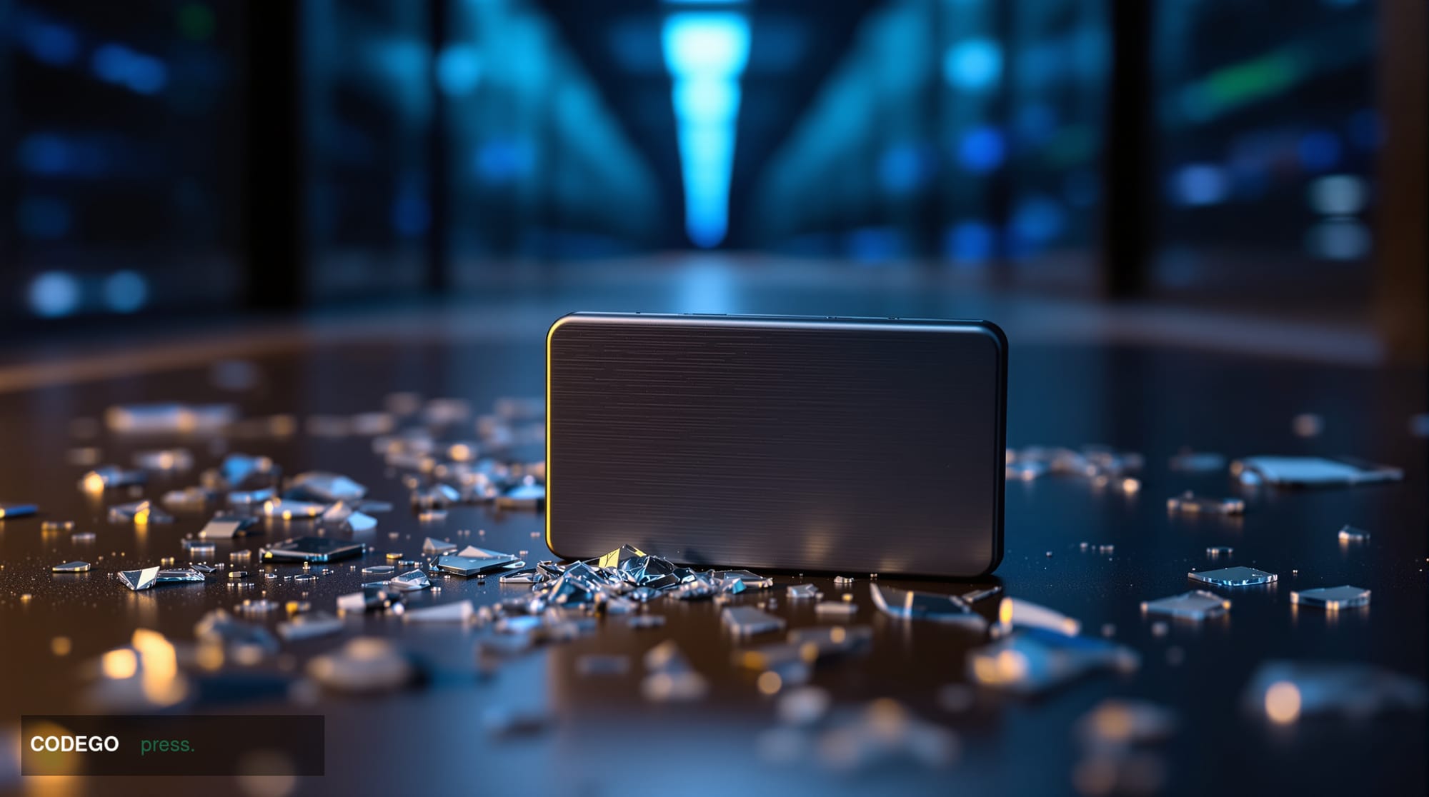 A dramatic close-up editorial photograph of a cold hardware wallet device resting on a dark matte surface, surrounded by shat