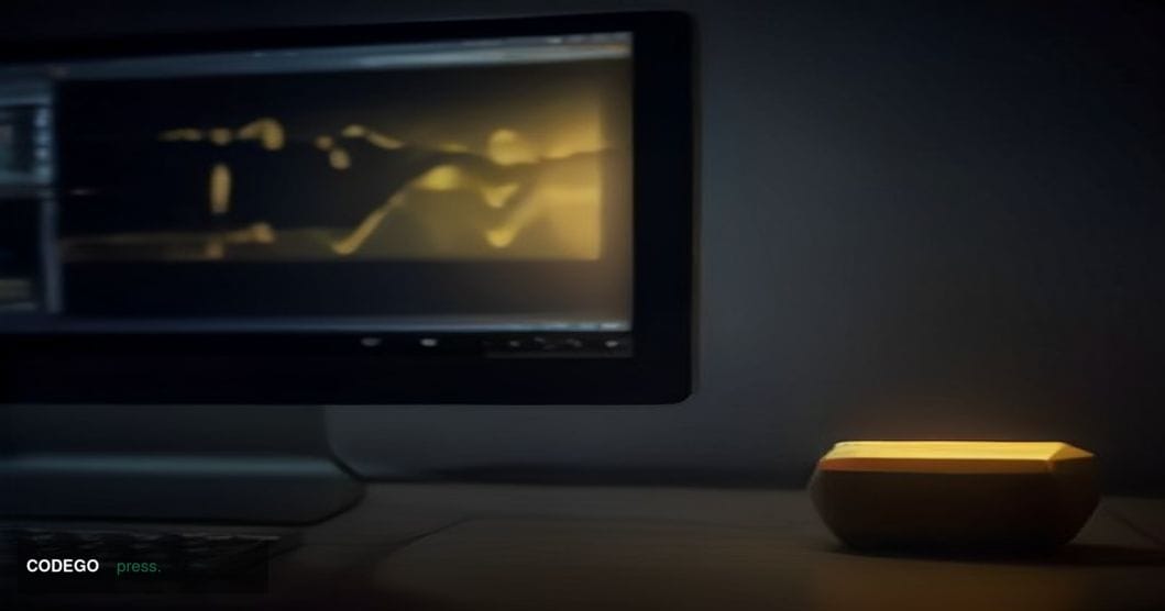 A cinematic editorial close-up of a Coldcard hardware wallet device resting on a dark matte surface, its small screen glowing