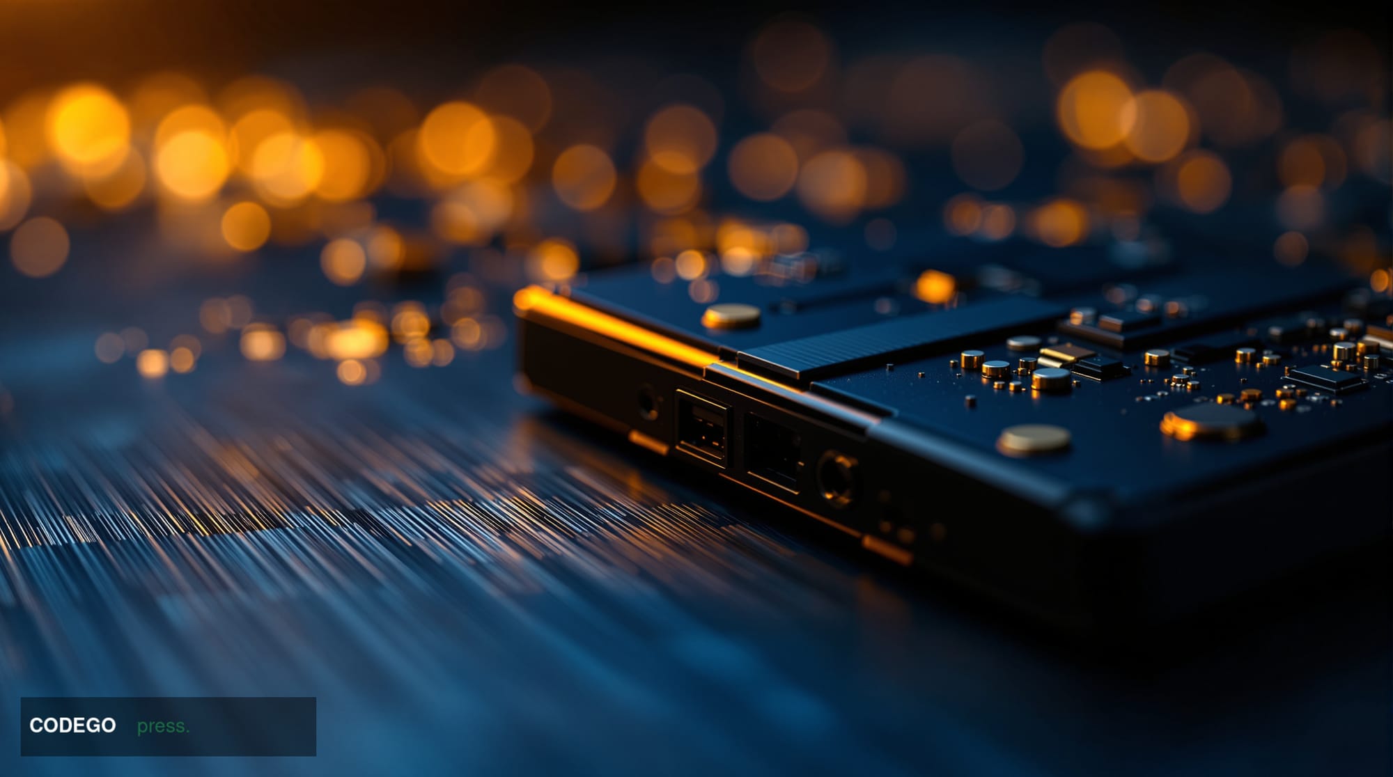 A cinematic editorial close-up of a matte black hardware cryptocurrency wallet device resting on a dark brushed-steel surface
