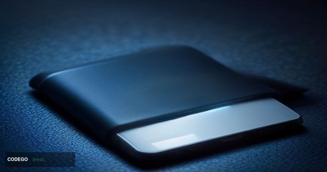 A cinematic close-up editorial photograph of a Coldcard hardware Bitcoin wallet device placed on a dark brushed-steel surface