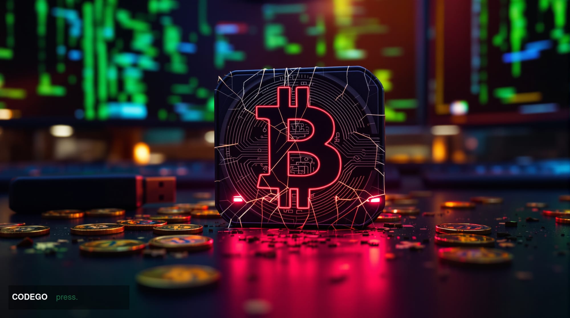 A dramatic cinematic editorial photograph depicting a physical Bitcoin hardware wallet device sitting on a dark matte black s