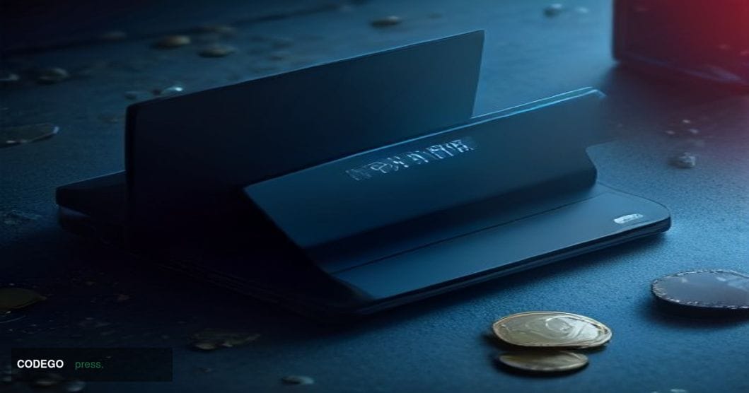 A cinematic editorial photograph of a physical Coldcard Bitcoin hardware wallet device resting on a dark matte surface, crack
