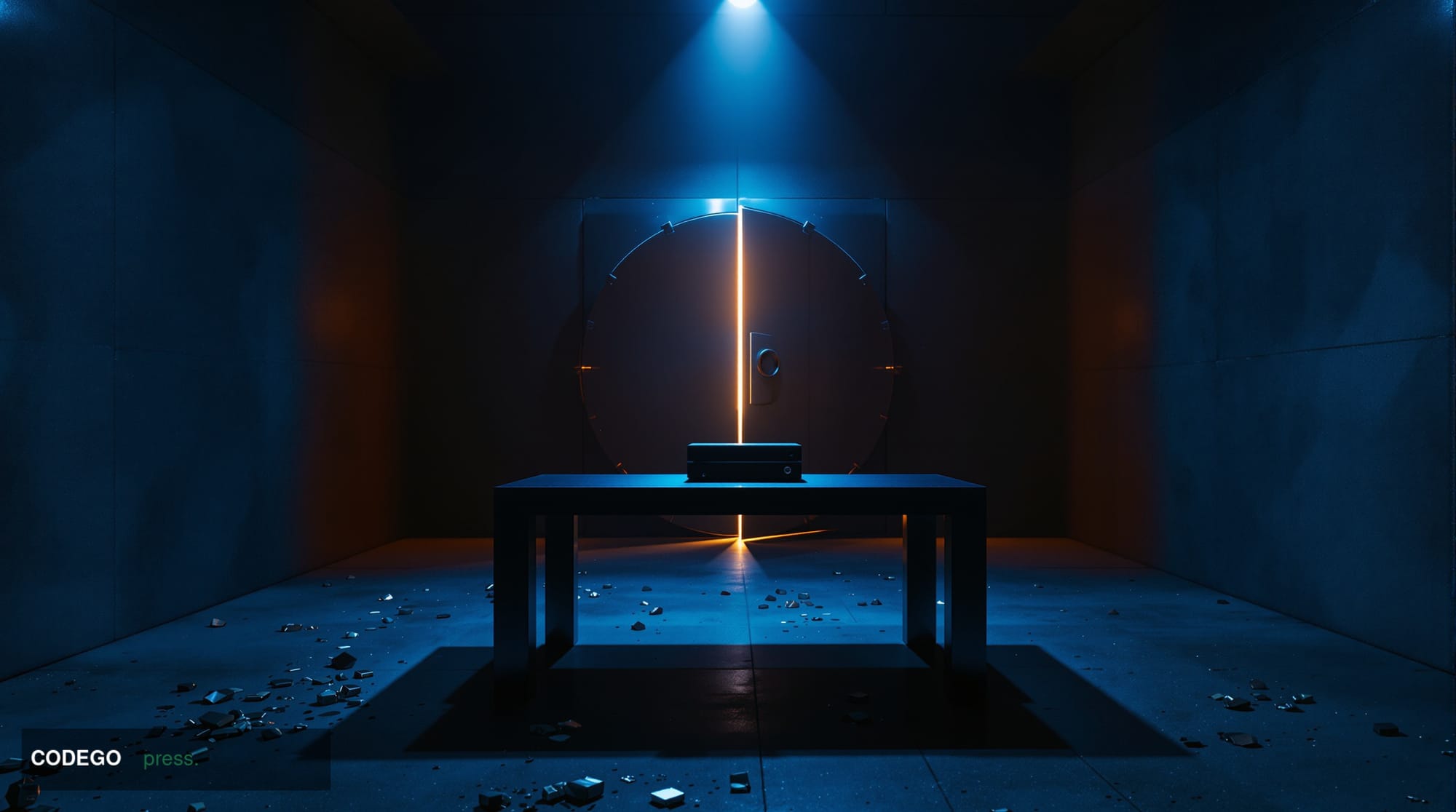 A cinematic editorial photograph of a cold, dimly lit secure vault room with a single metal table at the center, on which res