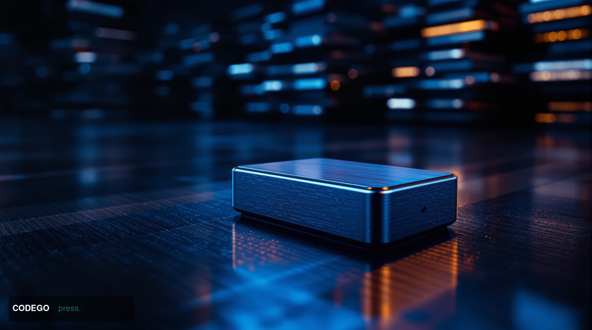 A dramatic cinematic close-up of a physical hardware cryptocurrency wallet device resting on a dark brushed-steel surface, ph