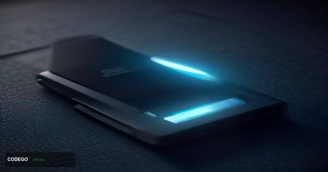 A cinematic close-up editorial photograph of a Coldcard hardware wallet device resting on a dark matte steel surface, its sma