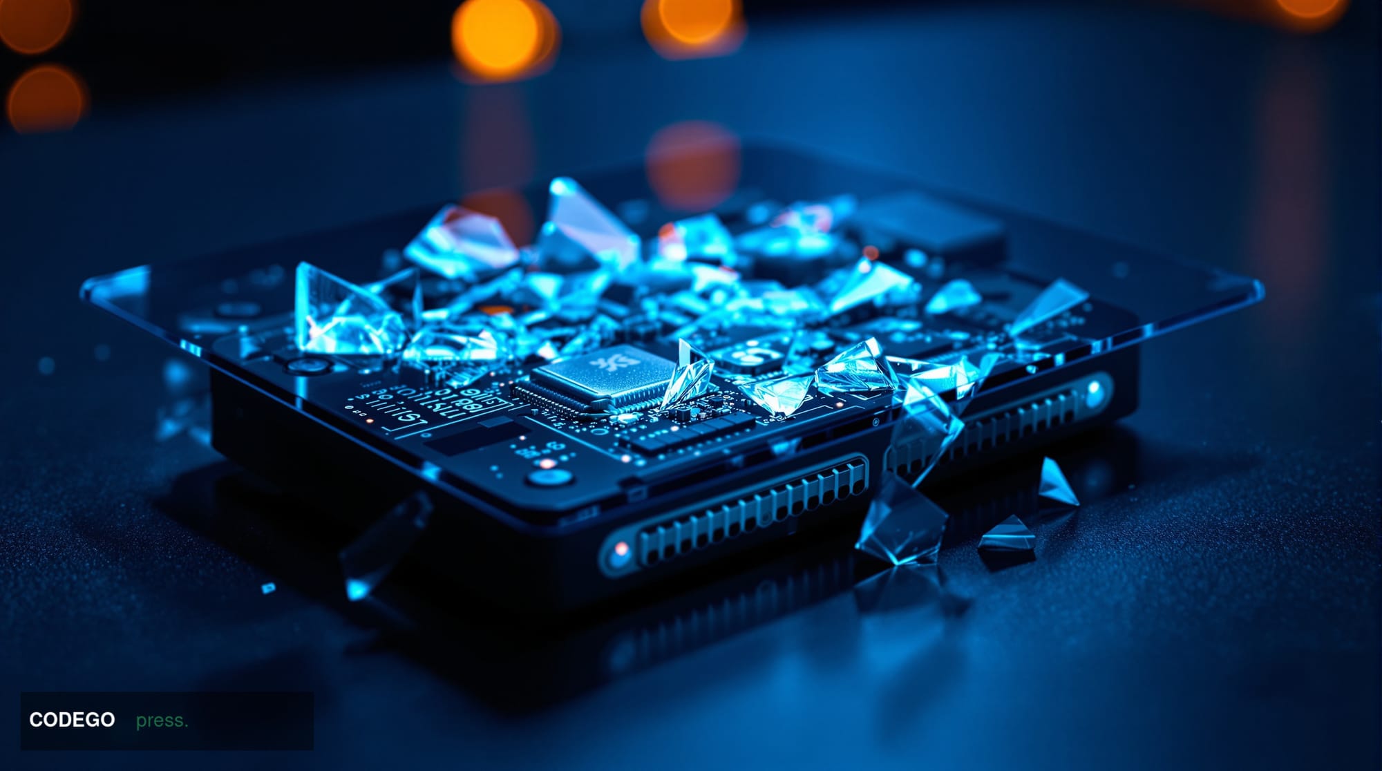 A cinematic close-up editorial photograph of a physical hardware cryptocurrency wallet device resting on a dark matte surface