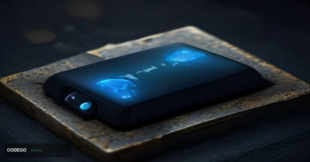 A cinematic editorial photograph of a physical Coldcard hardware wallet device resting on a dark matte steel surface, dramati