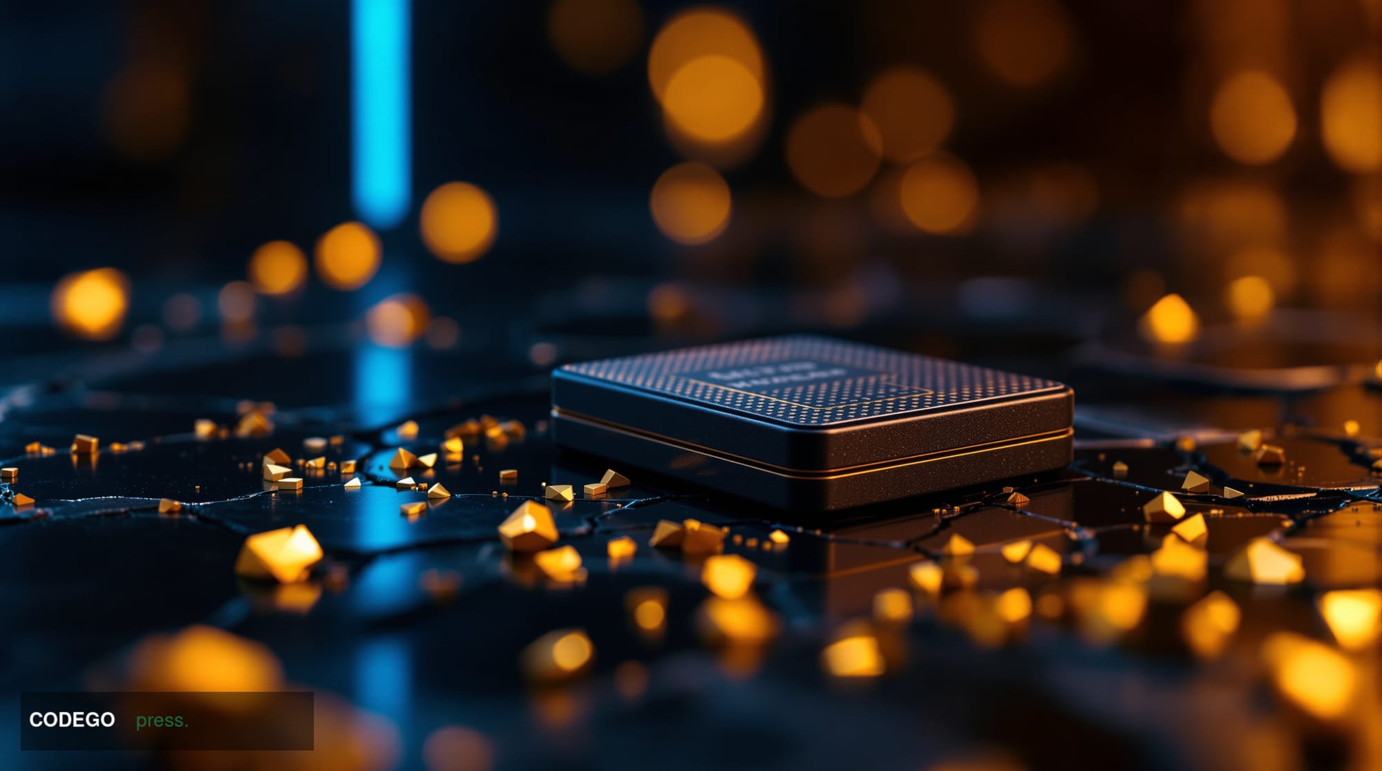 A dramatic close-up editorial photograph of a physical hardware cryptocurrency wallet device resting on a cracked, dark obsid