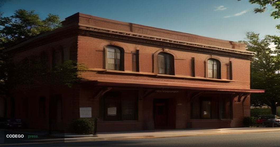 A cinematic editorial photograph of a small-town American community bank building exterior at golden hour, rendered in photor