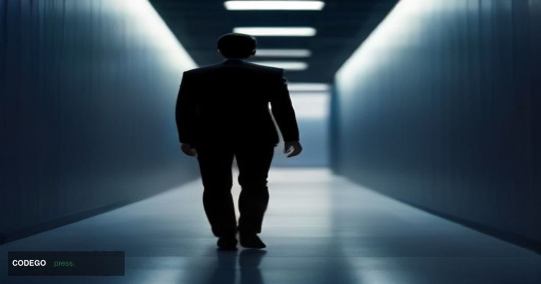 A wide-angle cinematic shot looking down a long corridor inside a modern financial technology data center, with rows of serve