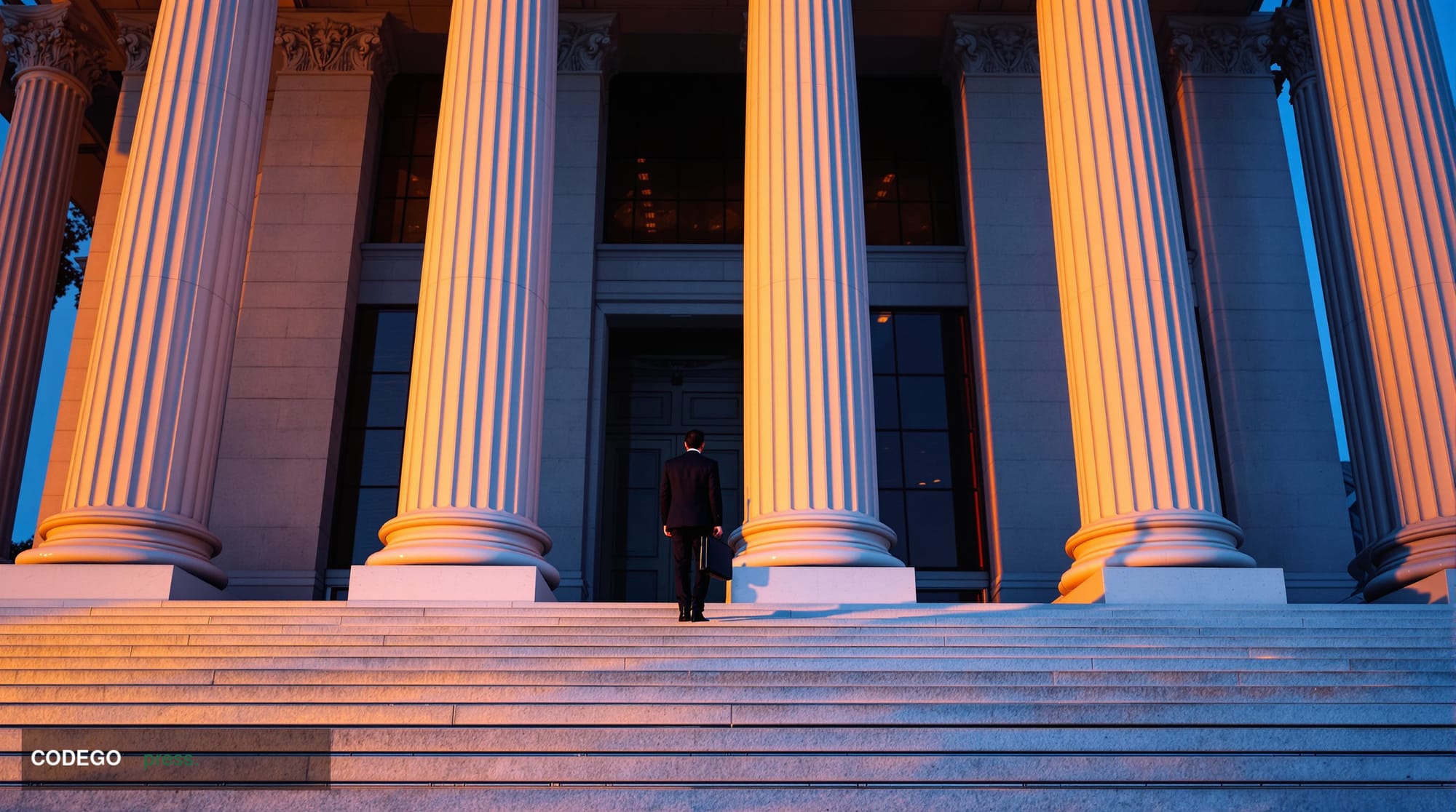 A cinematic editorial photograph of a grand neoclassical financial regulatory building in Washington D.C., shot from a low an