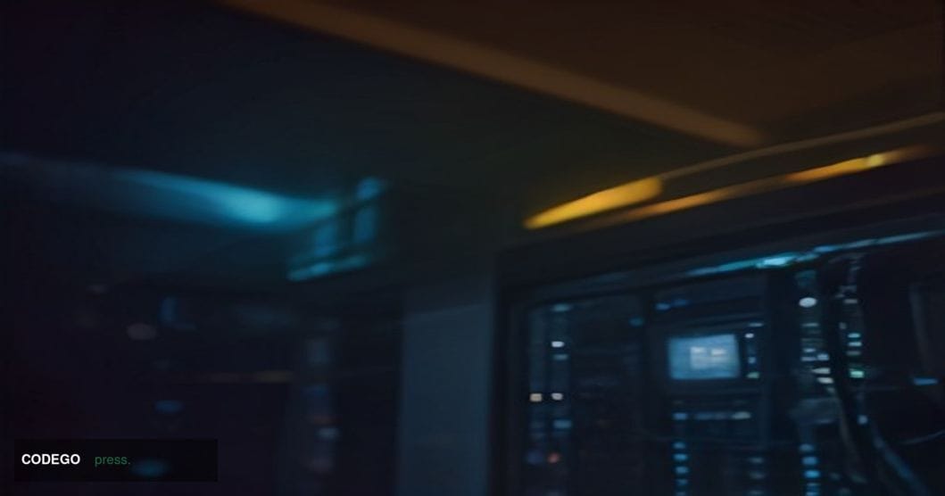 A dramatic cinematic close-up of a fiber-optic server rack in a dimly lit data center environment, with glowing amber warning