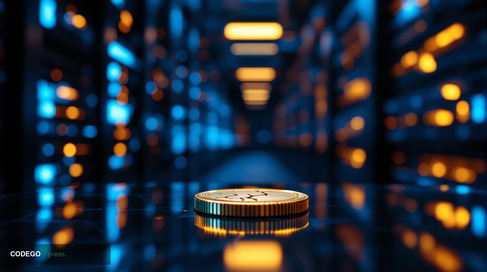 A dramatic cinematic editorial photograph set in a dark server room environment evoking a digital breach, with cool blue and 