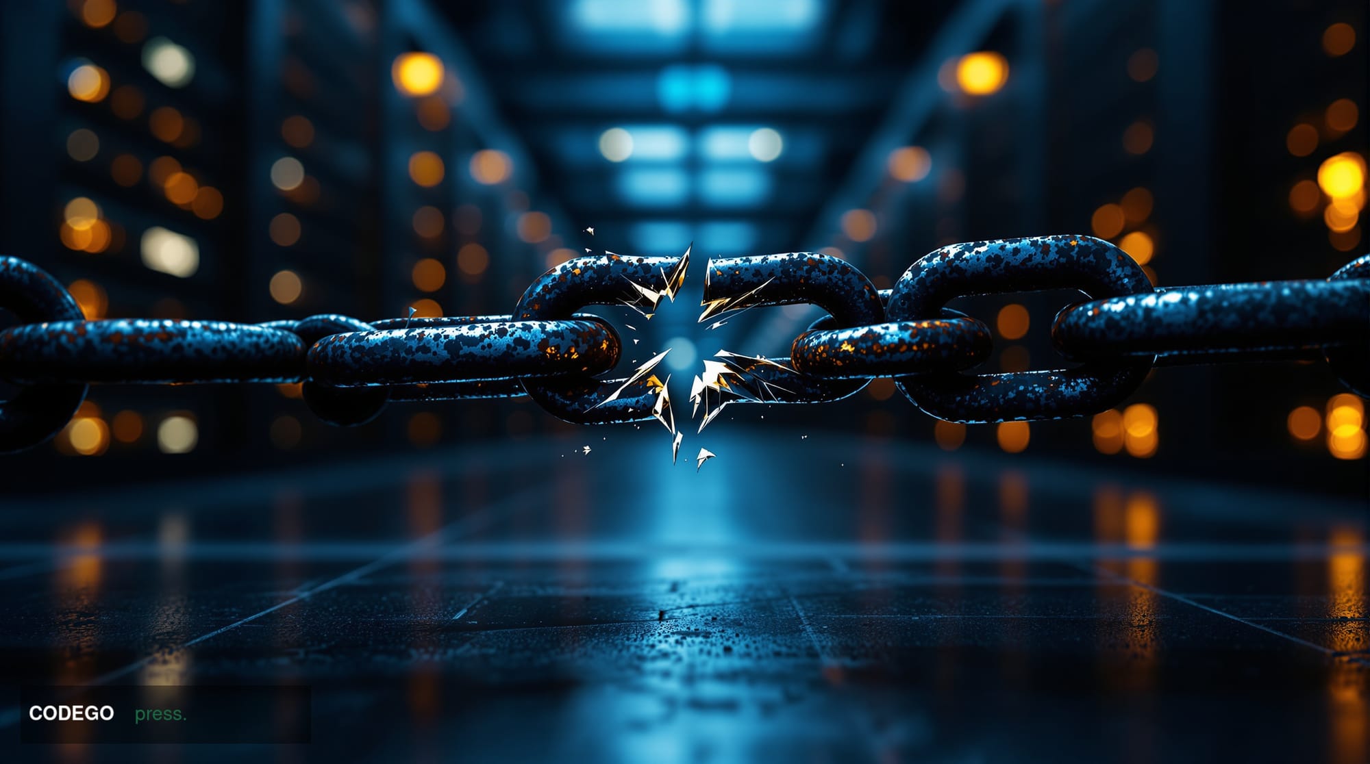 A dramatic close-up editorial photograph of a fractured steel chain link suspended in mid-air above a dark reflective floor, 