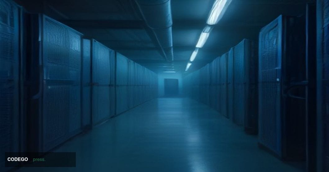 A dramatic cinematic editorial photograph of a vast server infrastructure corridor representing a frozen blockchain network, 