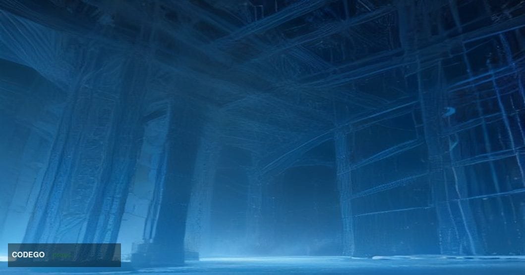 A dramatic cinematic editorial photograph of a frozen, crystalline digital infrastructure rendered as a massive physical serv