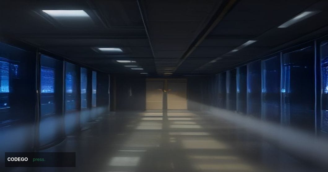A dramatic low-angle cinematic photograph of a high-tech blockchain server infrastructure room, rendered in photorealistic 8K