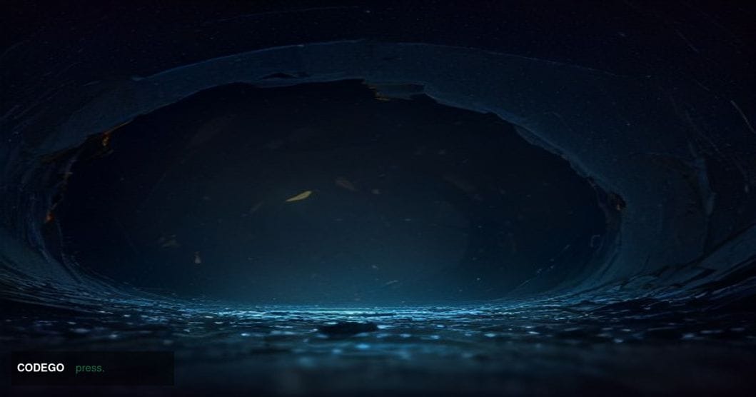 A cinematic editorial photograph shot from a low angle looking up at a cracked and shattered digital vault door rendered in c