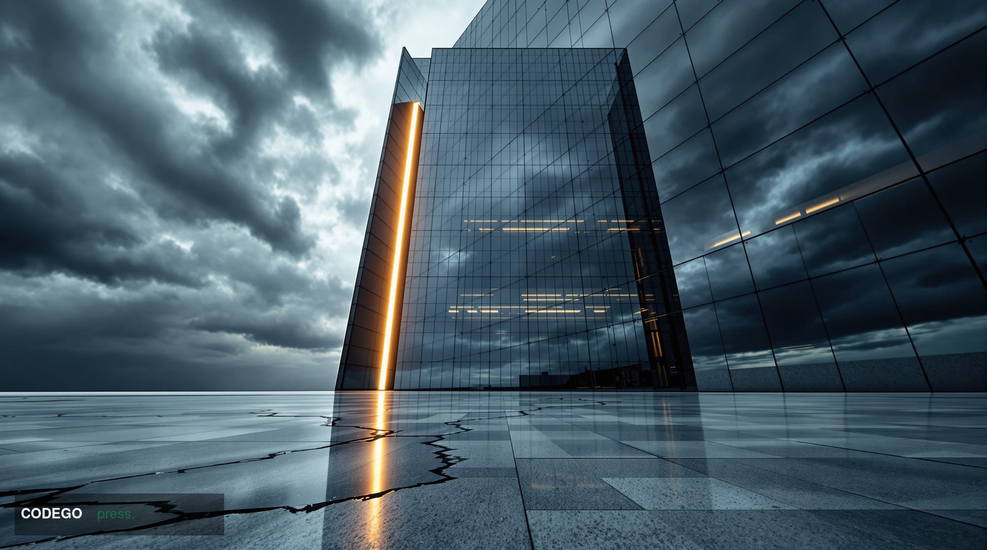 A dramatic cinematic editorial photograph of a sleek, modern glass-and-steel corporate exchange building exterior set against
