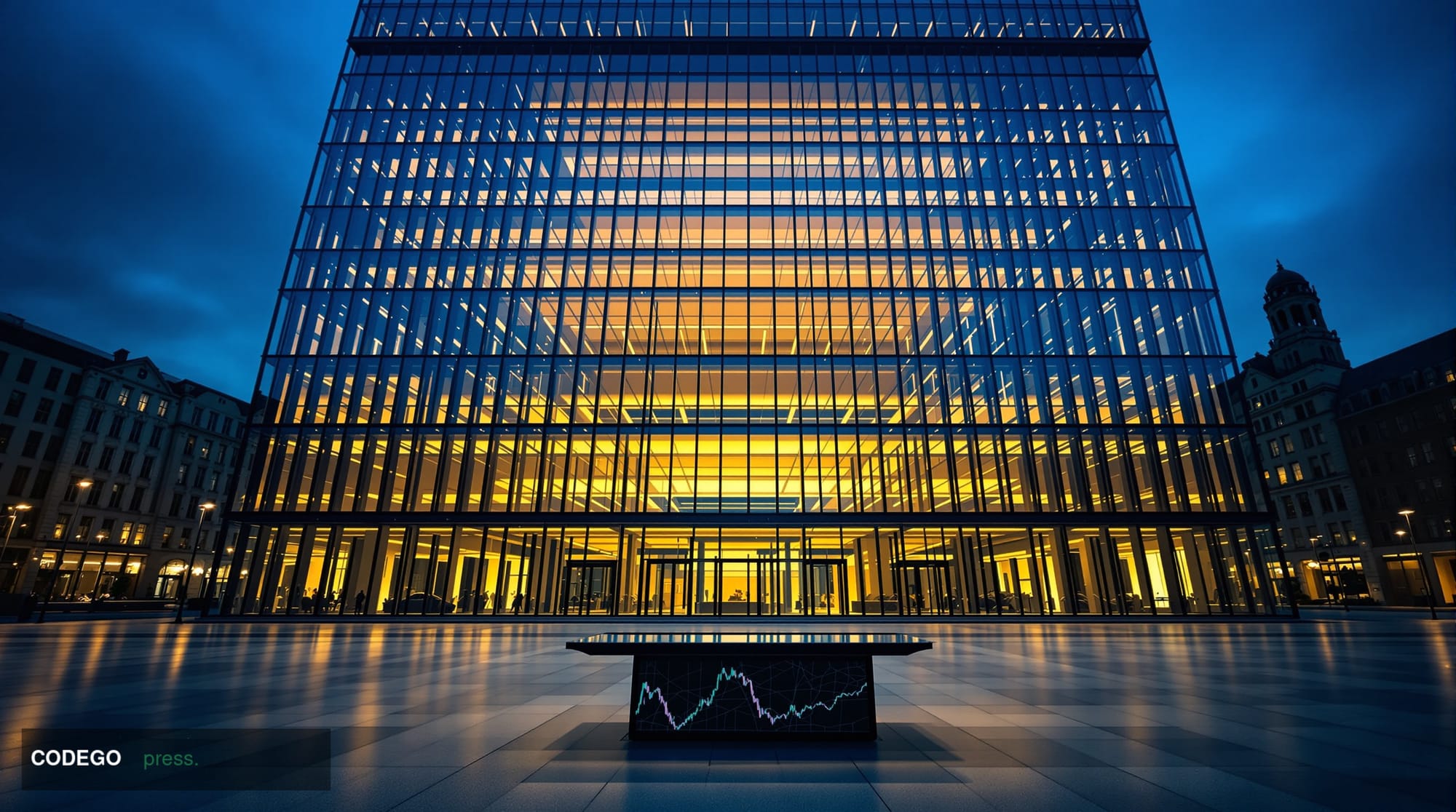 A dramatic cinematic editorial photograph taken from a low wide-angle perspective looking up at the imposing glass-and-steel 