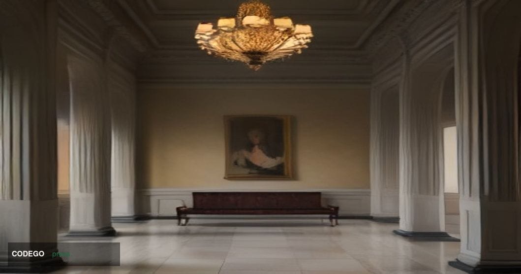 A cinematic editorial photograph set inside a grand federal courthouse hallway, with marble columns and polished stone floors