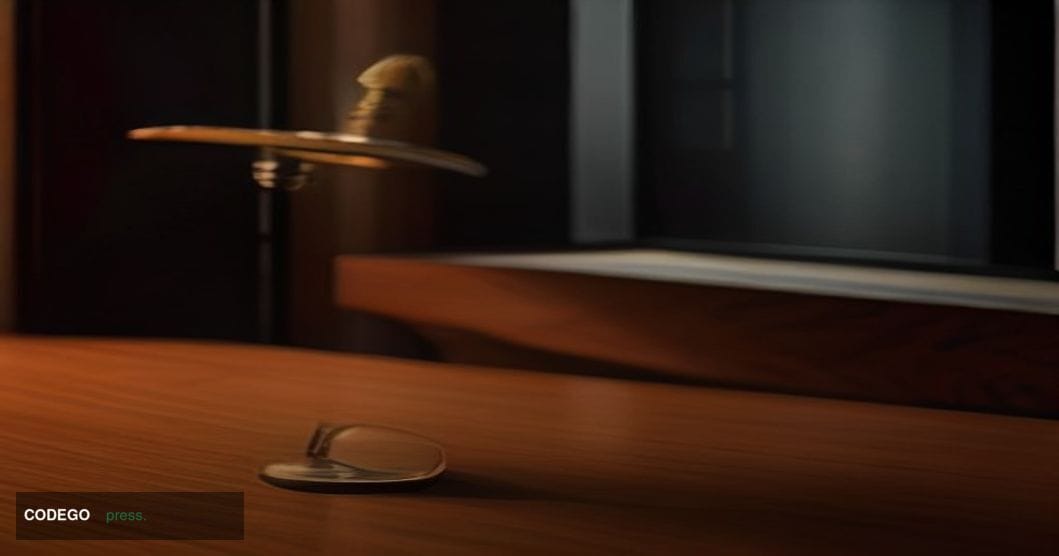 A photorealistic editorial photograph split across three visual planes: in the sharp foreground, a heavy bronze courthouse ga